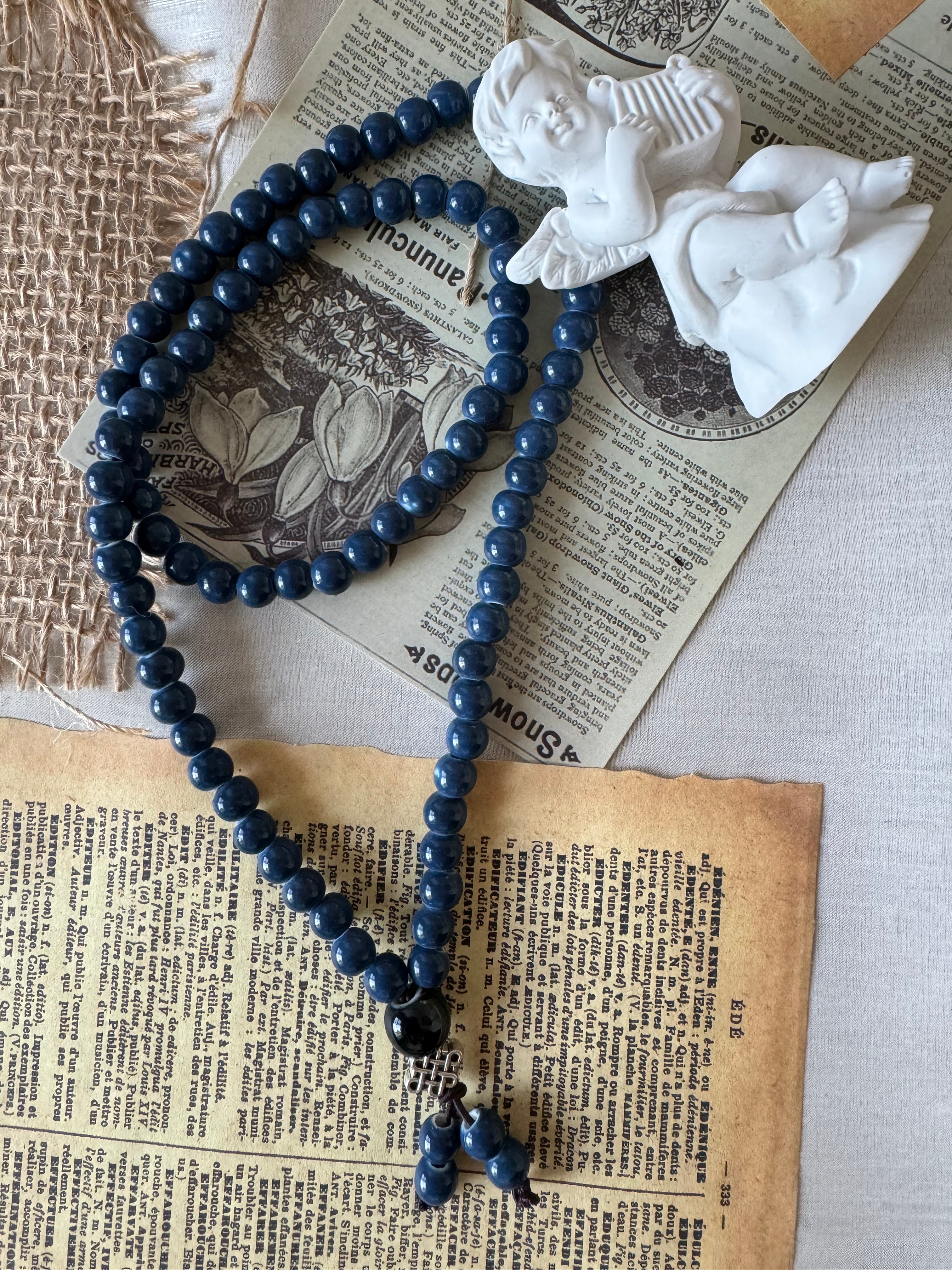 Ceramic bead bracelet, navy blue, sapphire, new chinese style