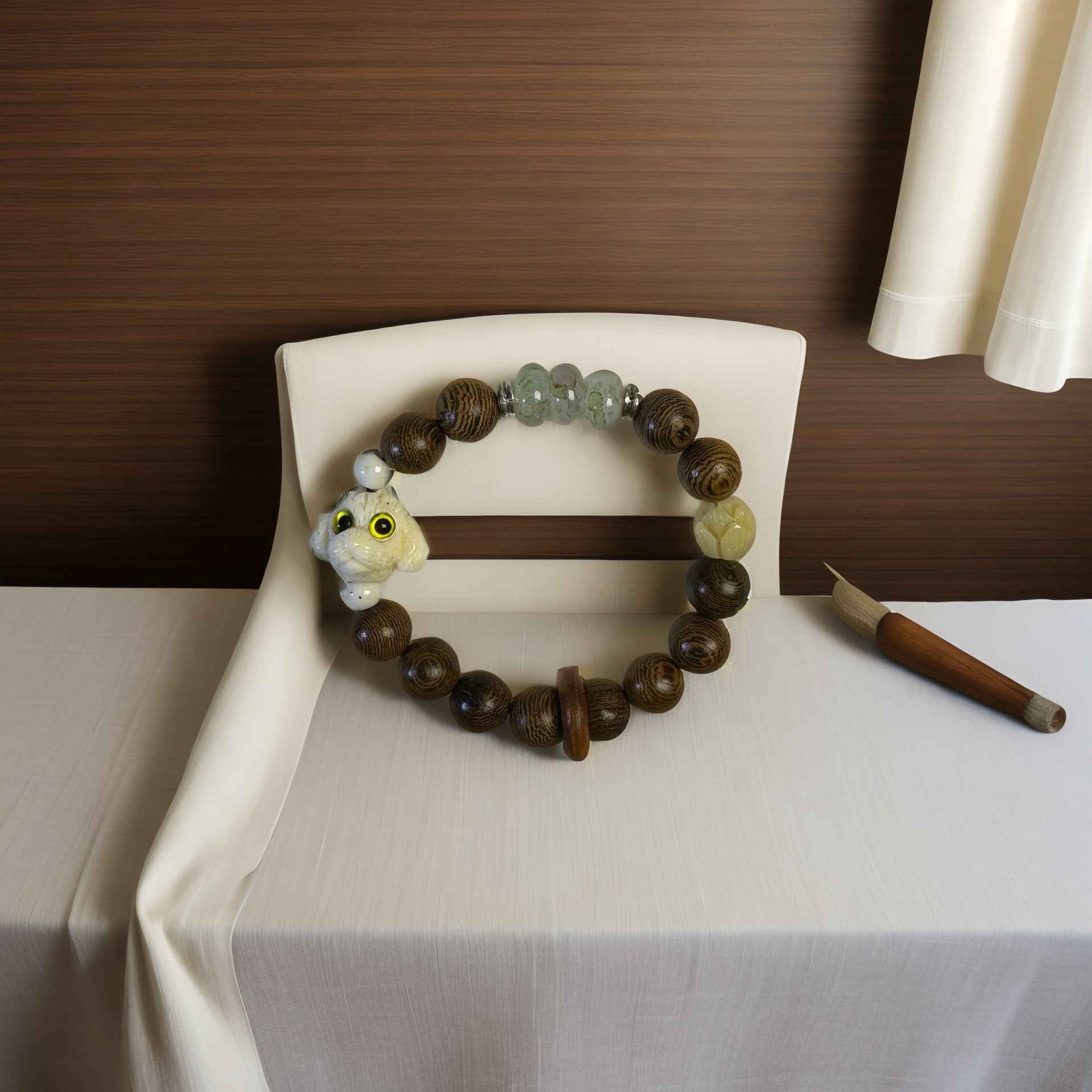 Vintage Wood Bead Bracelet, with puppy.