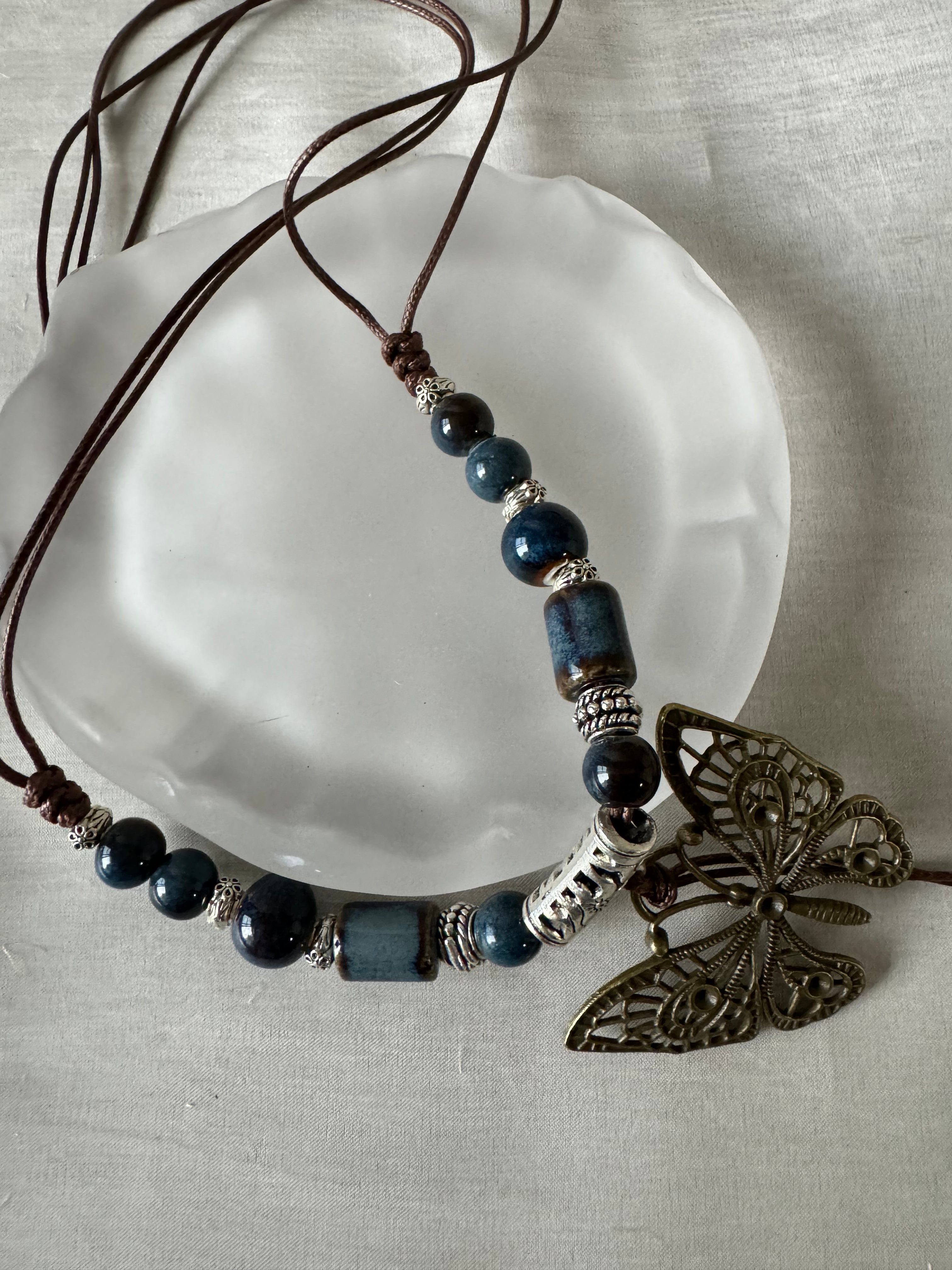 Butterfly adjustable necklace, blue, ceramic jewlry