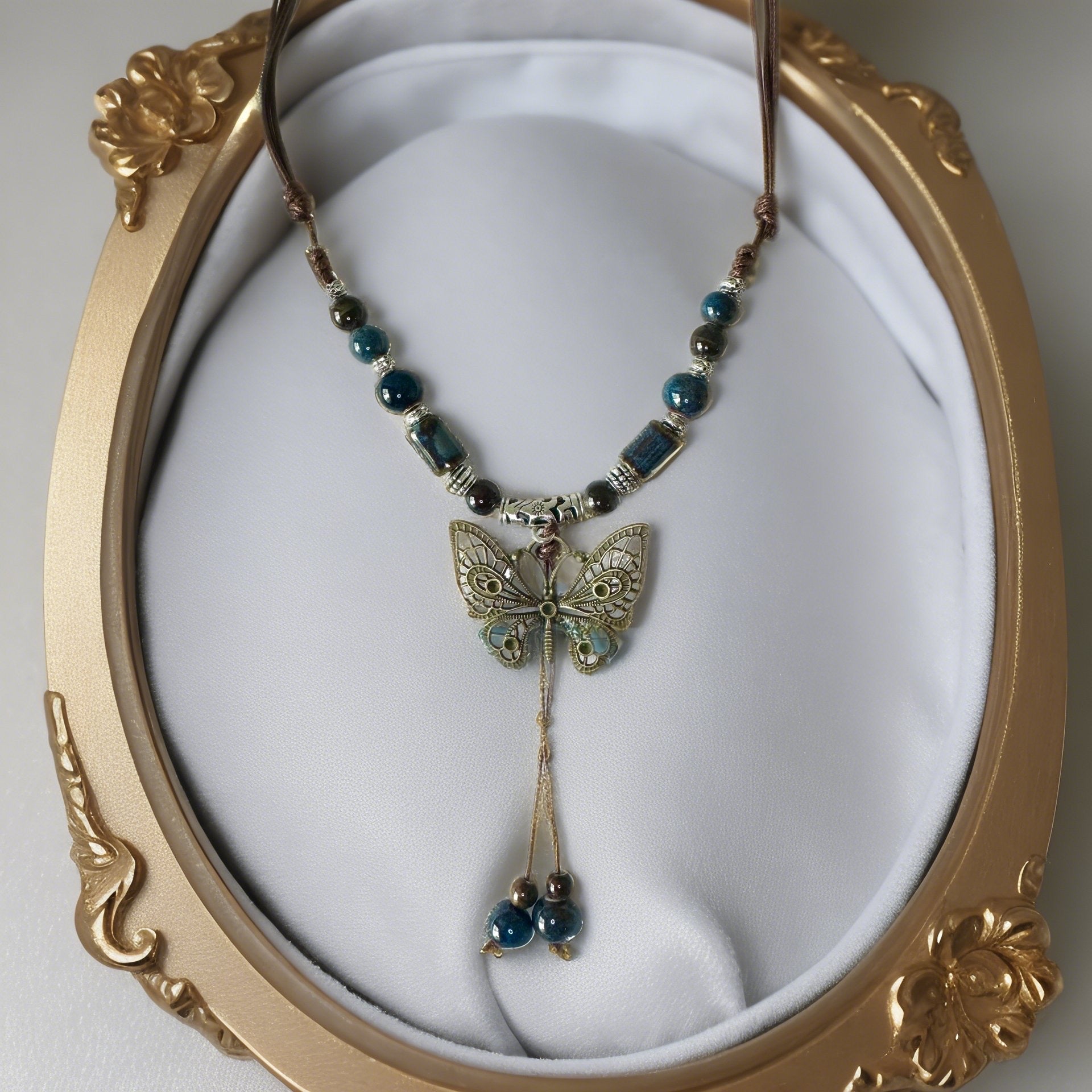 Butterfly adjustable necklace, blue, ceramic jewlry