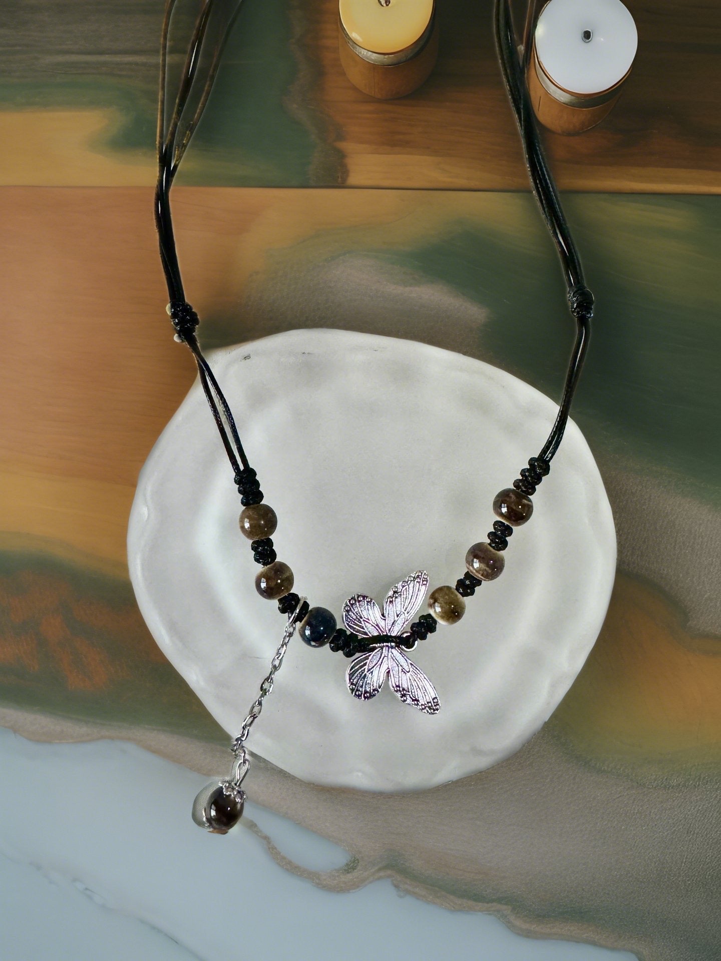 Butterfly necklace, adjustable length, colored in coffee, ceramic necklace