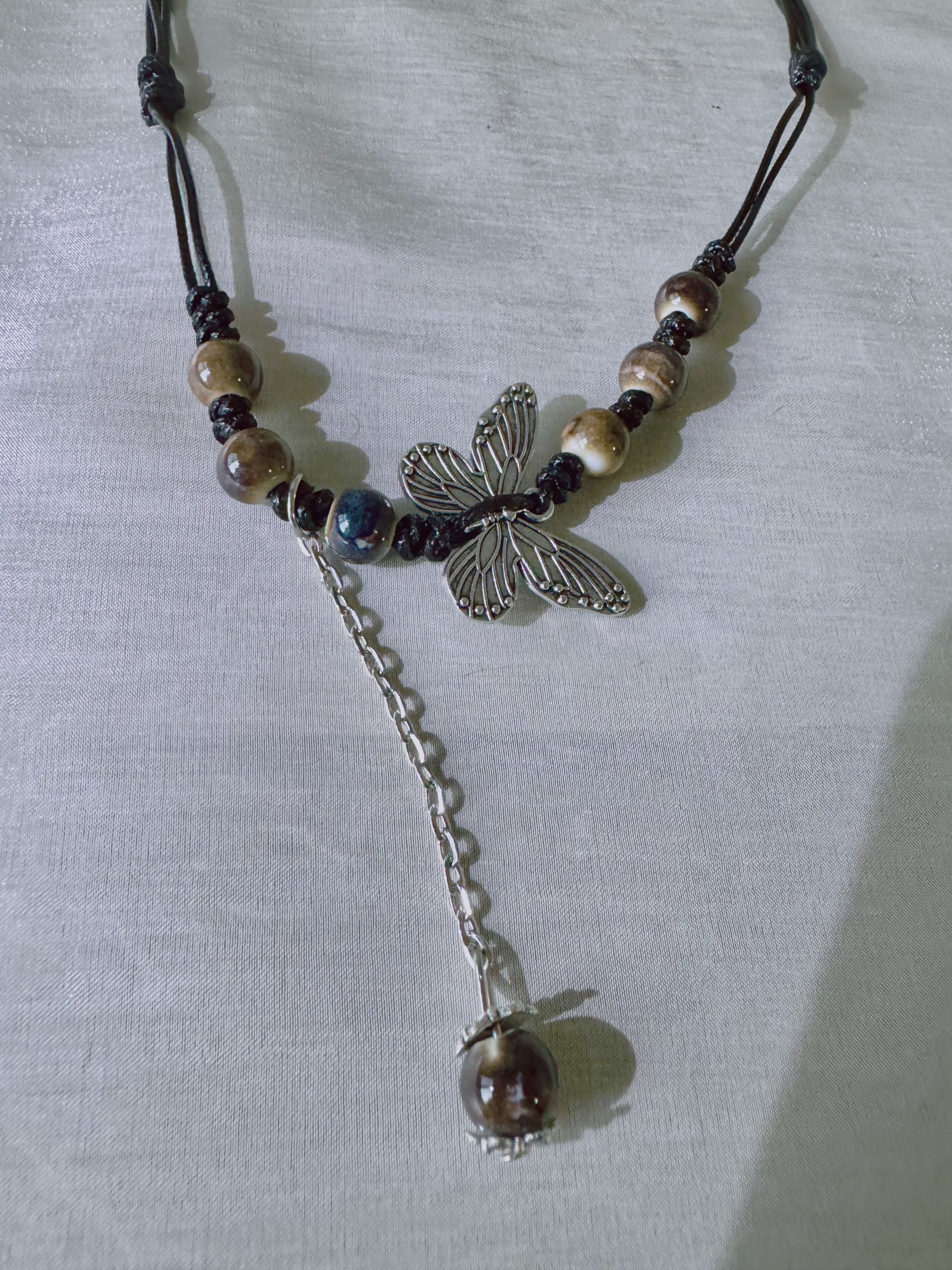 Butterfly necklace, adjustable length, colored in coffee, ceramic necklace