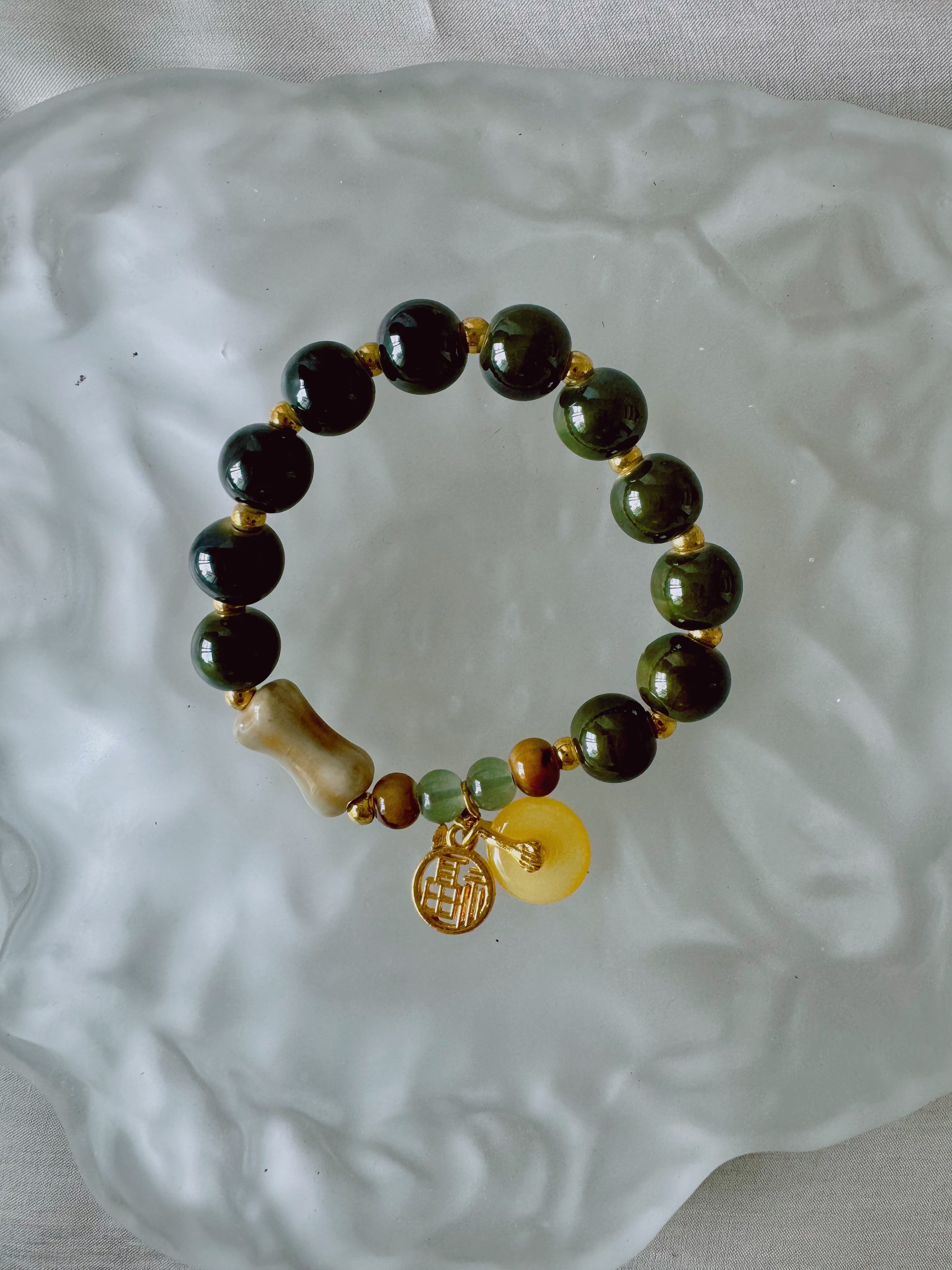 ceramic bracelet handicrafts with Fu, dark green, yellow-green