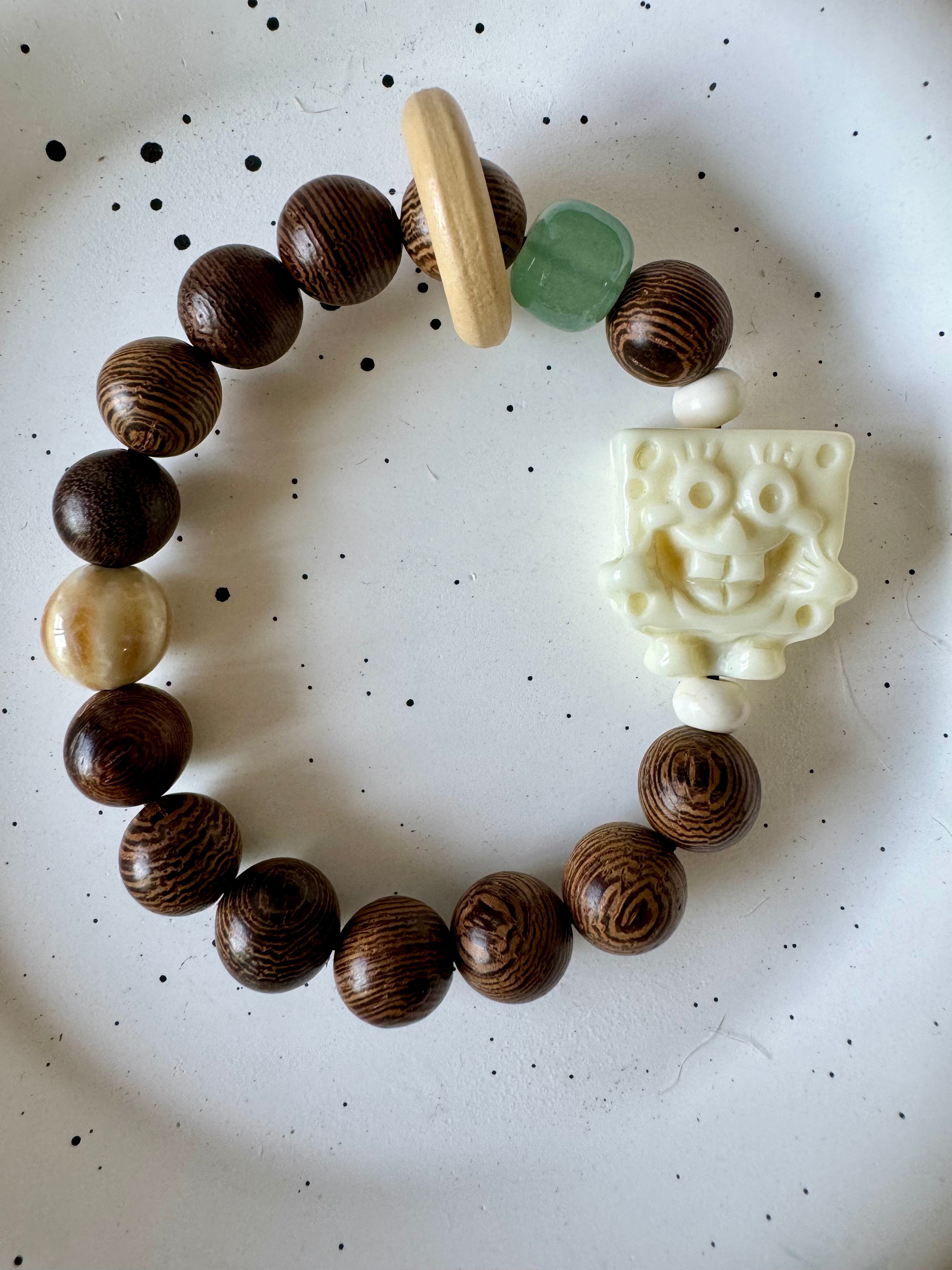 Vintage Wood Bead Bracelet, with SpongeBob Squarepants