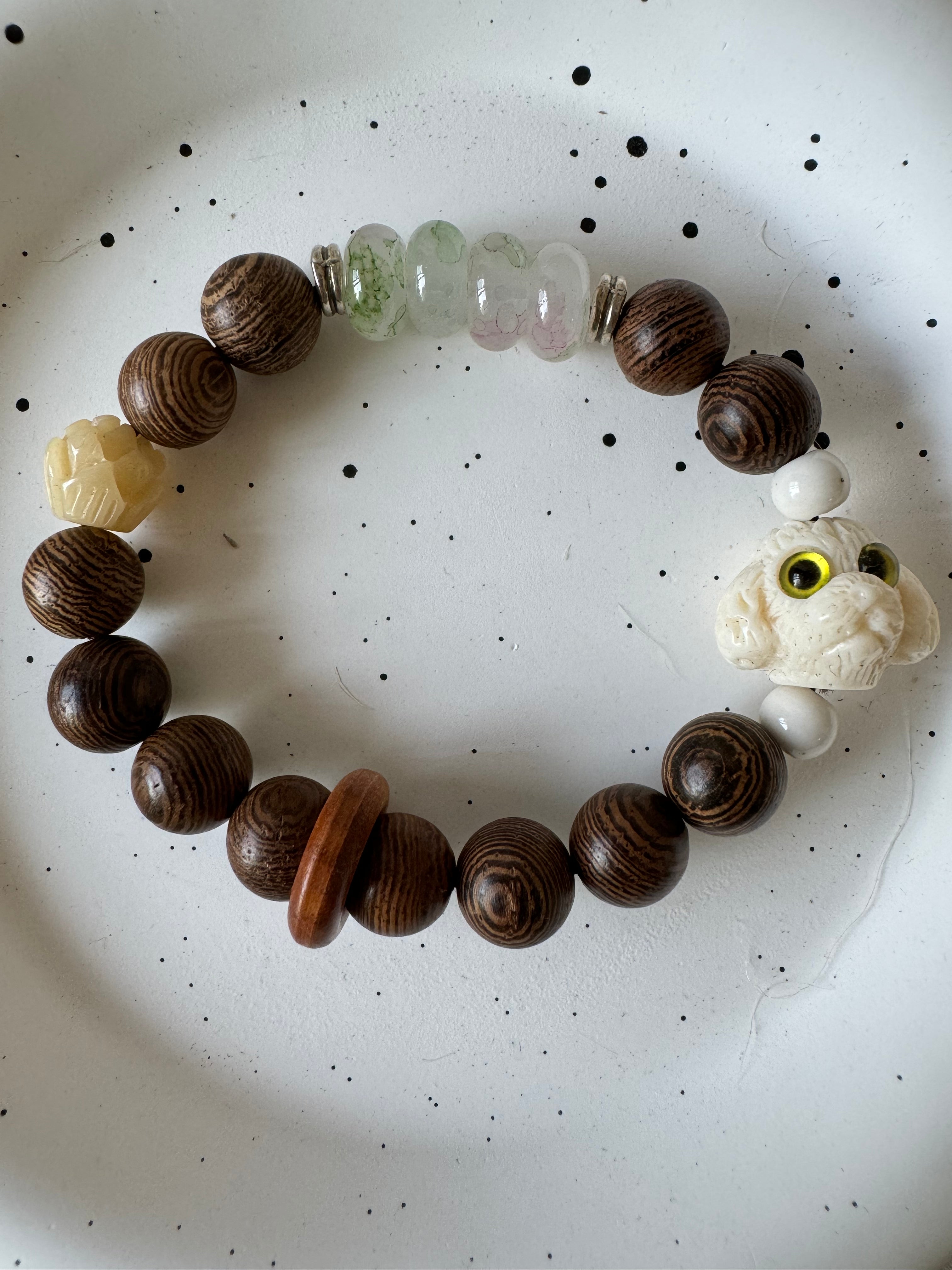 Vintage Wood Bead Bracelet, with puppy.